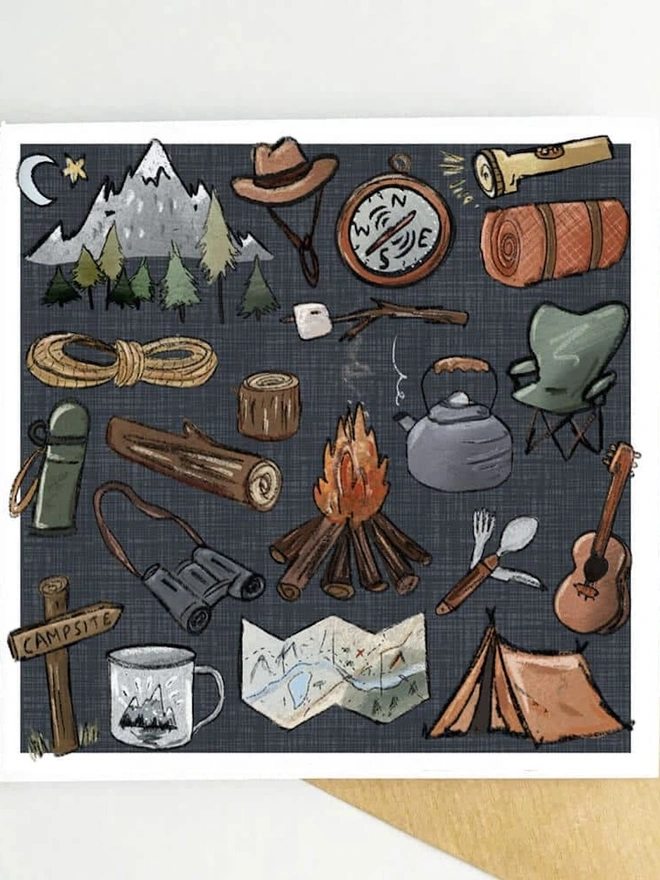 Personalised Happy Camper Card (Pack Of 1 Or 5), a nature themed card sitting on a brown envelope on a white surface. 