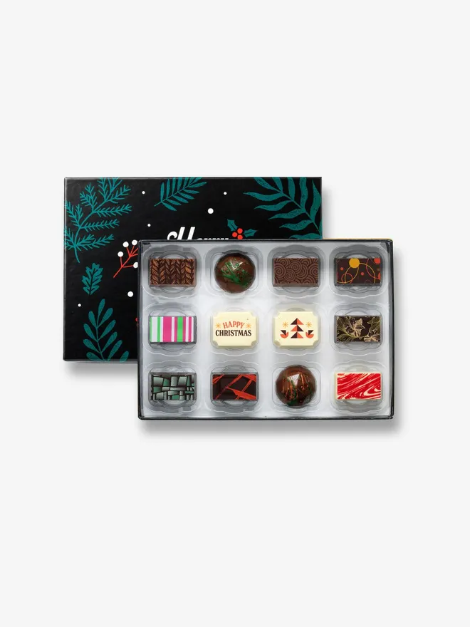 12 luxury chocolates with a 'Happy Christmas' message, presented in a festive box