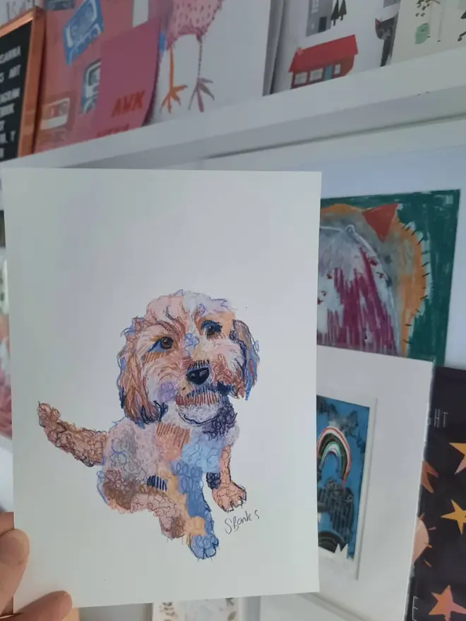custom illustrated pet portrait. drawn portrait of cavapoo on white background.