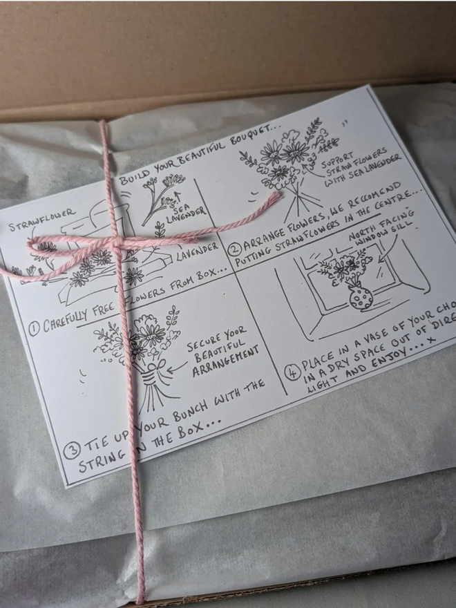 dried flower kit. paper instructions for pink, white and purple dried flower kit in cardboard box.