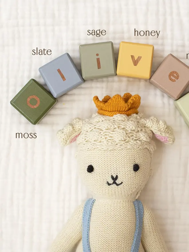 wooden baby letter blocks. a selection of square wooden blocks with engraved letters and illustrations, in various colours. 