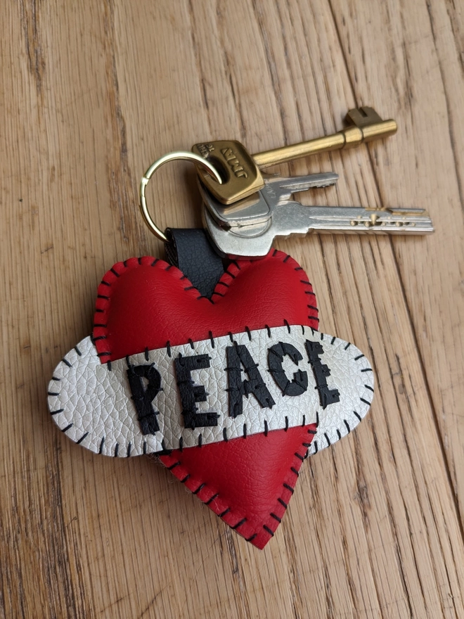 Peace red leatherette heart keyring