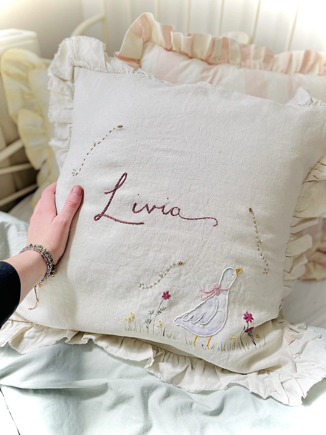 Soft linen personalised cushion - goose floral design - new baby gift blossom and bramble embroidery handmade painted hand embroidered