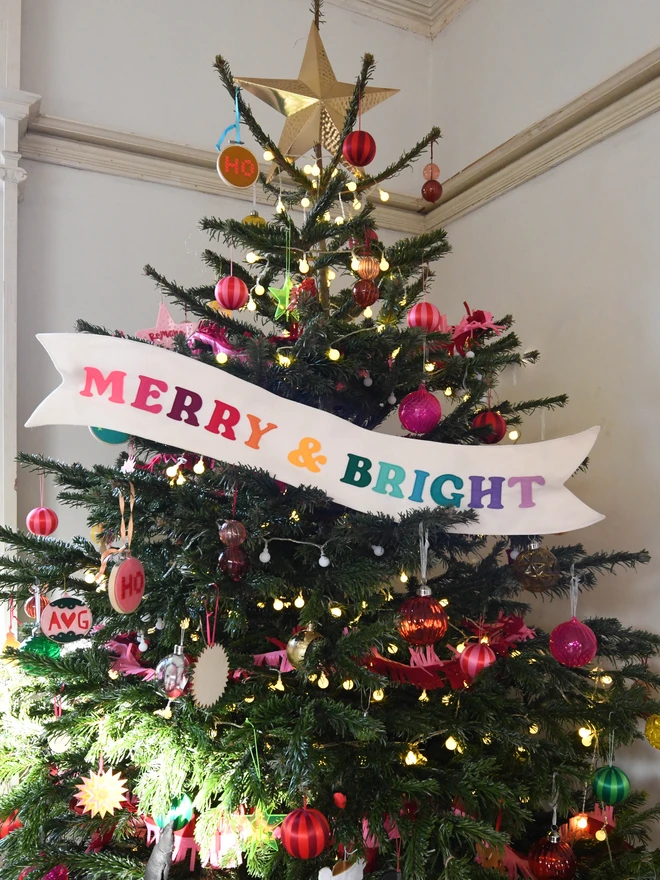 merry and bright christmas tree banner