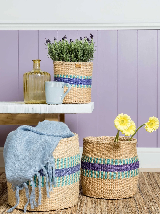 lifestyle of blue and purple woven baskets