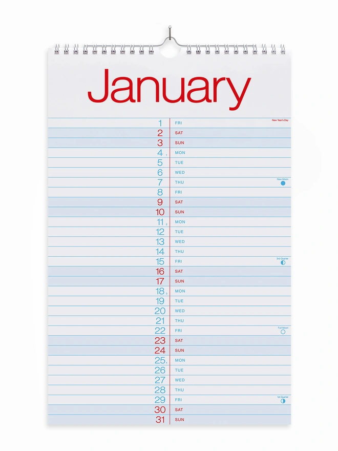 Wiro bound 2027 wall hanging calendar with blue and red graphics, in a simple graphic clear style, showing the month December