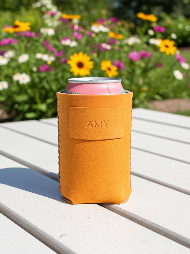 yellow drinks sleeve, personalised with the name AMY