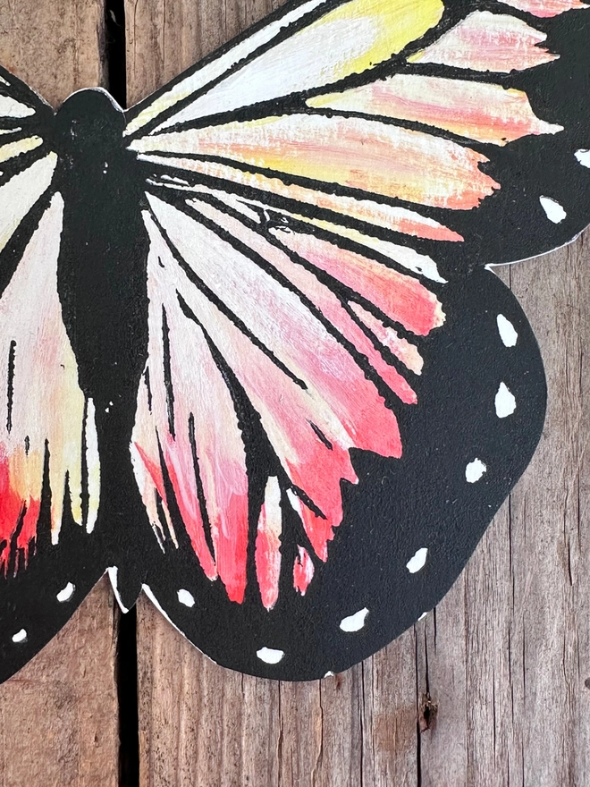 3 Hand Painted Butterflies. Set Of Linocut Wall Hangings. Peach, orange and black wing 