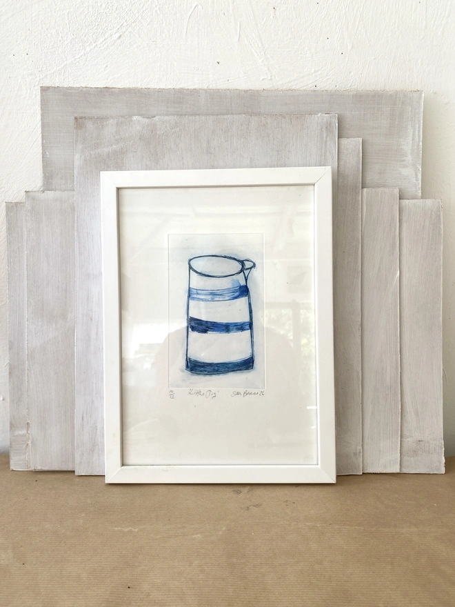 Drawing of a little blue jug, drypoint printmaking by Samantha Barnes