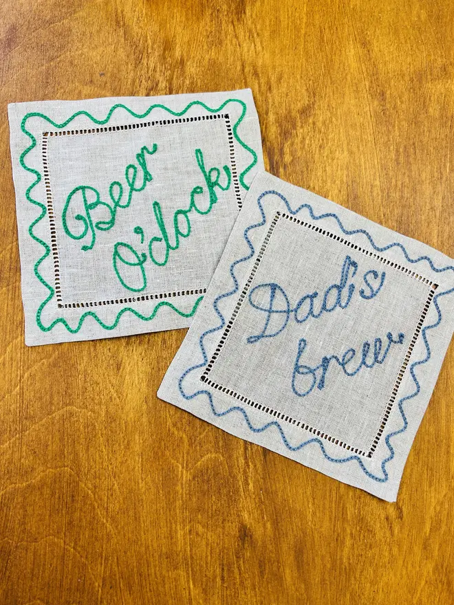 dads brew and beer oclock embroidered coaster