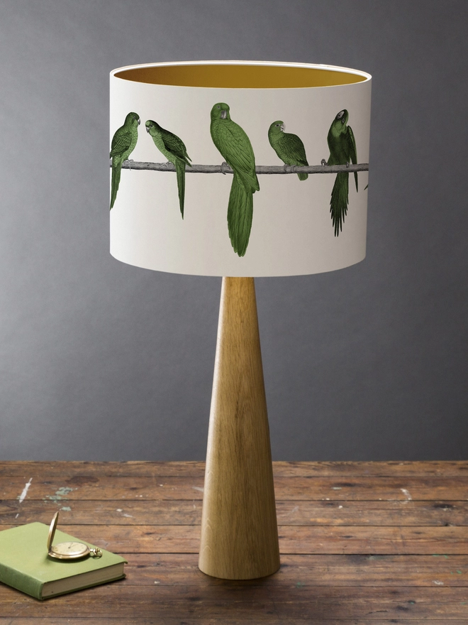 Drum Lampshade featuring Green Parrots on a wooden base on a shelf with books and ornaments