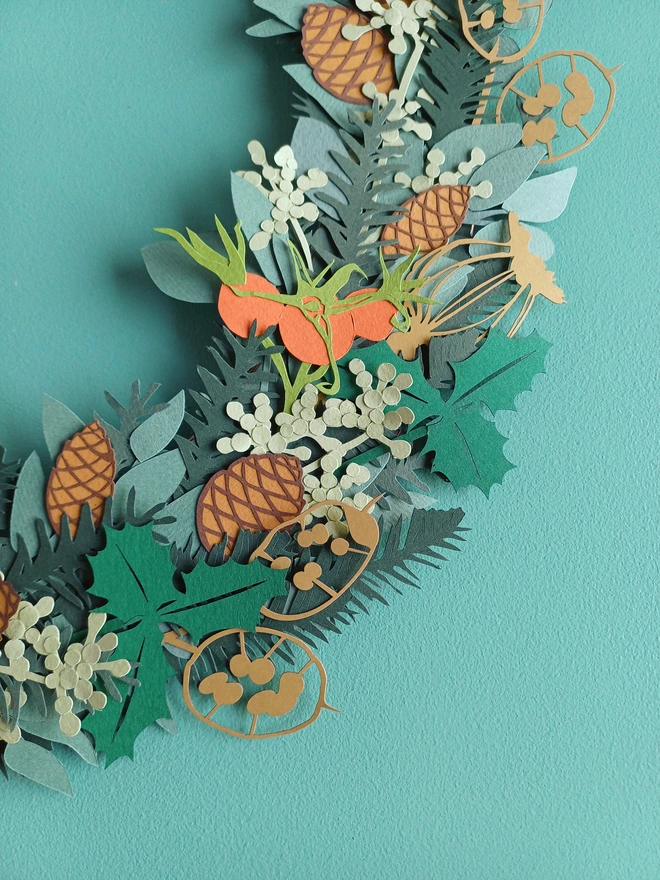 Close view of papercut wreath detail showing rosehip, pinecones, eucalyptus and spruce