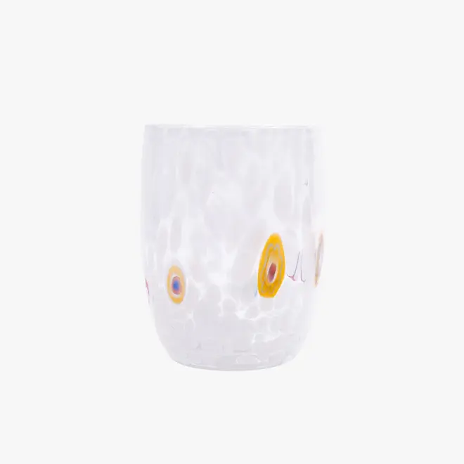 round tumbler glass with white splotches