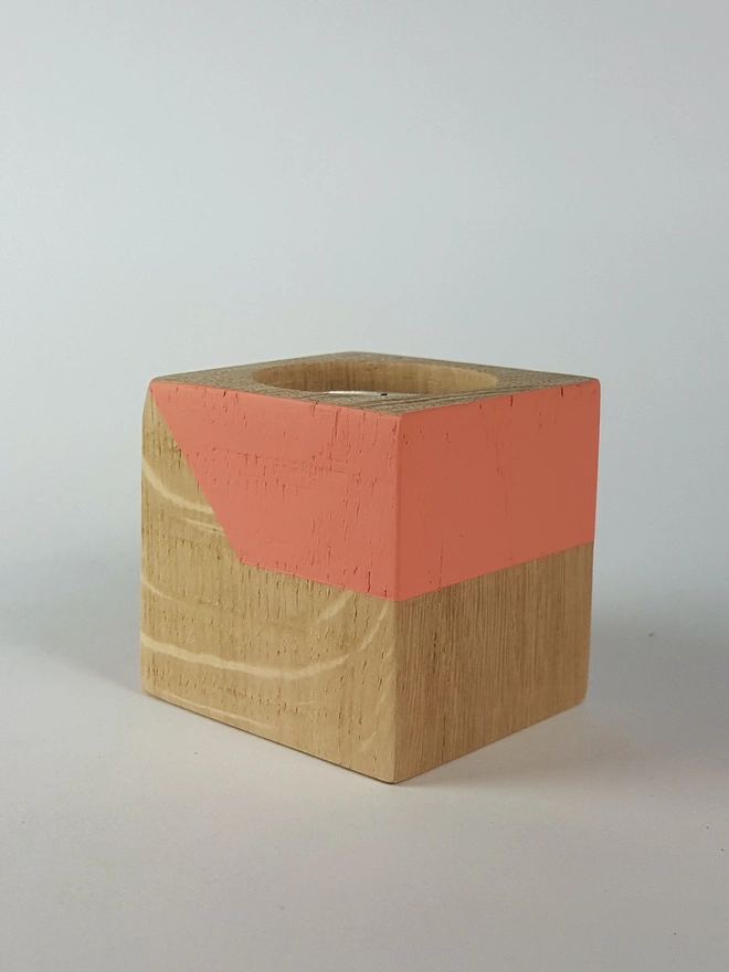 Coral painted wooden tealight holder