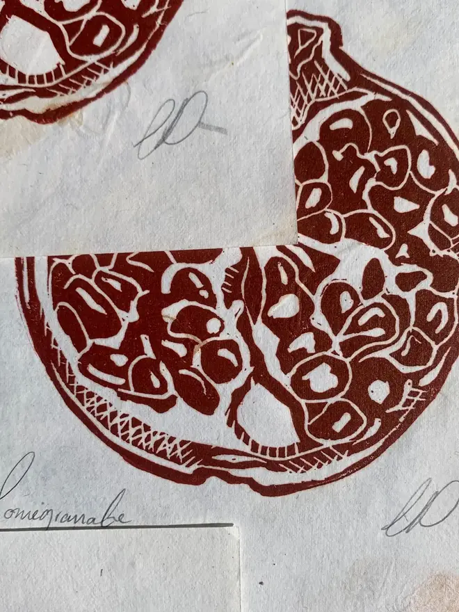 Lino Print Pomegranate On Handmade Paper