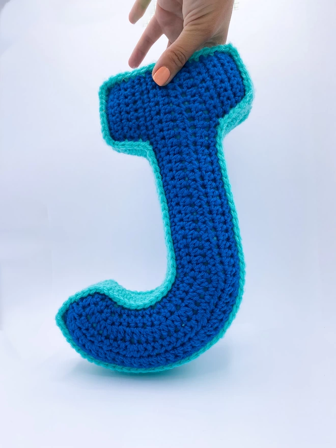 Crochet J Cushion in Blue and Teal