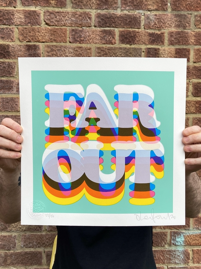 "Far Out" Hand Pulled Screen Print square with a pale green background and the words far out printed on top in a mixture of cyan magenta blue and white transparent overlays 