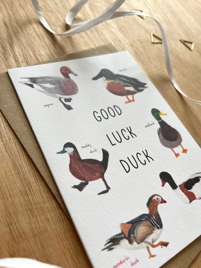 a greetings card featuring a selection of different species of ducks with the phrase “good luck duck”