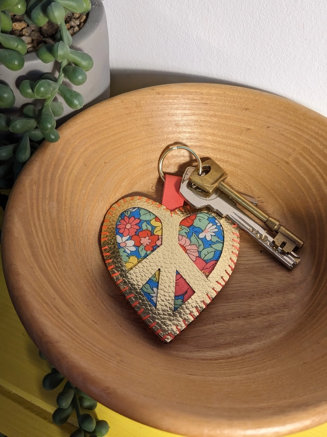 Peace heart keyring in gold faux leather and Liberty of London fabric