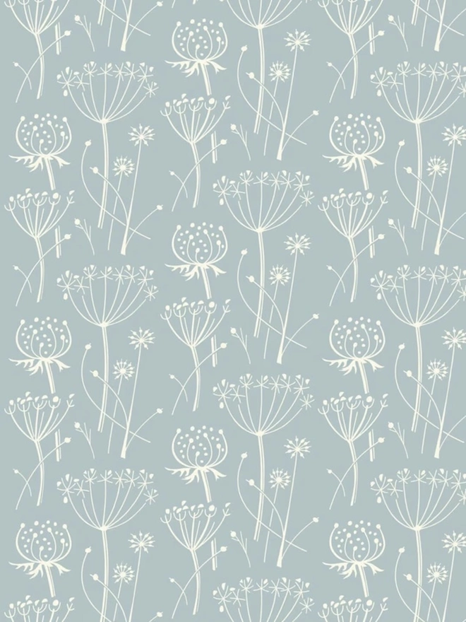 Tussock Patterned Paint Roller, a light blue and white floral pattern on the wall behind. 