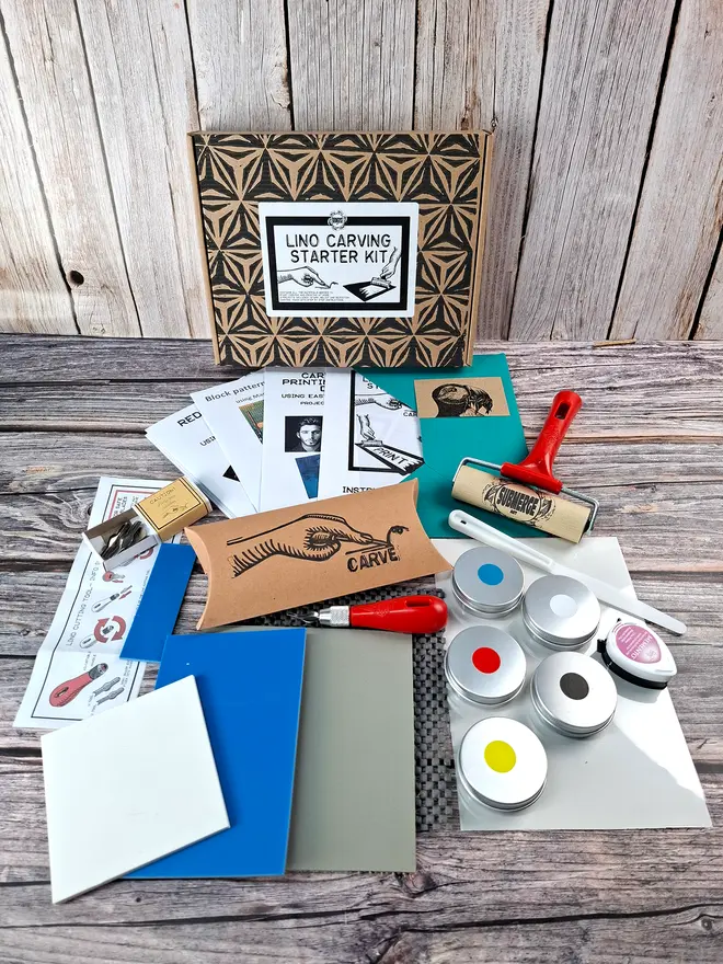Lino carving and printing kit with contents 