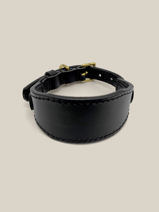 front shot of black leather sighthound collar