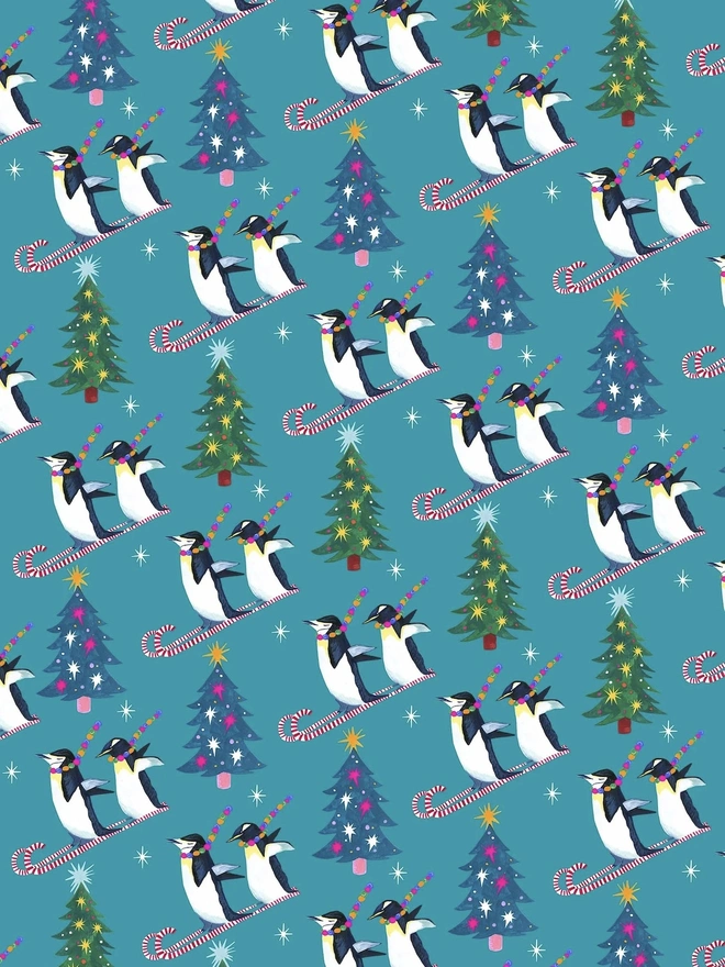 Single Sheet Christmas Penguin Race Gift Wrap 