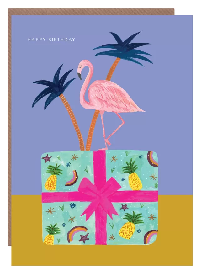 Flamingo On Present Birthday Card