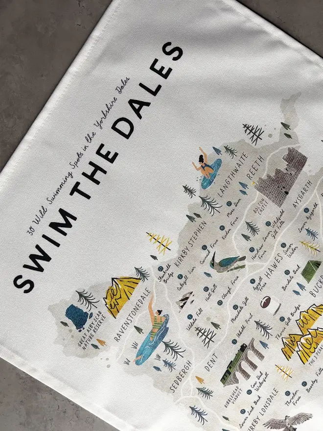 yorkshire dales swimming map tea towel