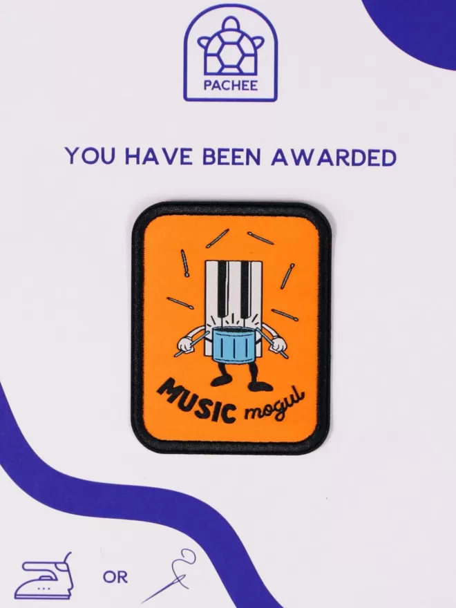 Music mogul patch seen on the blue and white Pachee gift card.