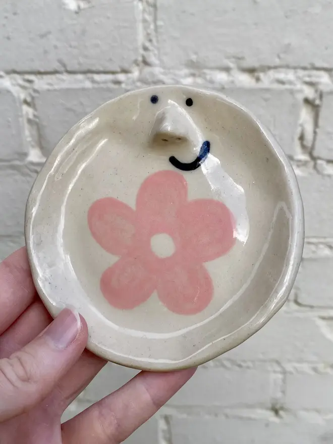 pink flower daisy handmade ceramic trinket dish