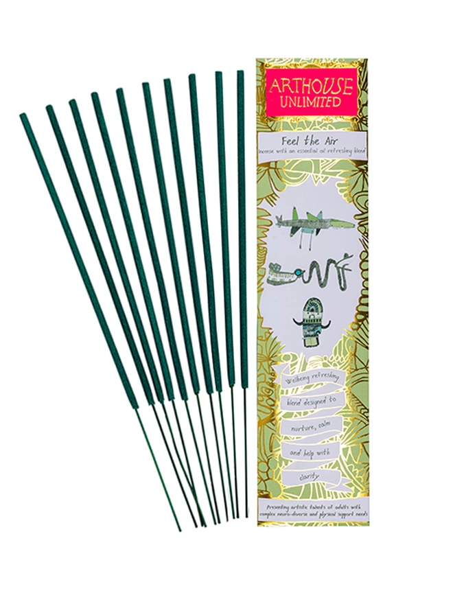 pack of 10 feel the air well being charity incense sticks with gold & green illustrations