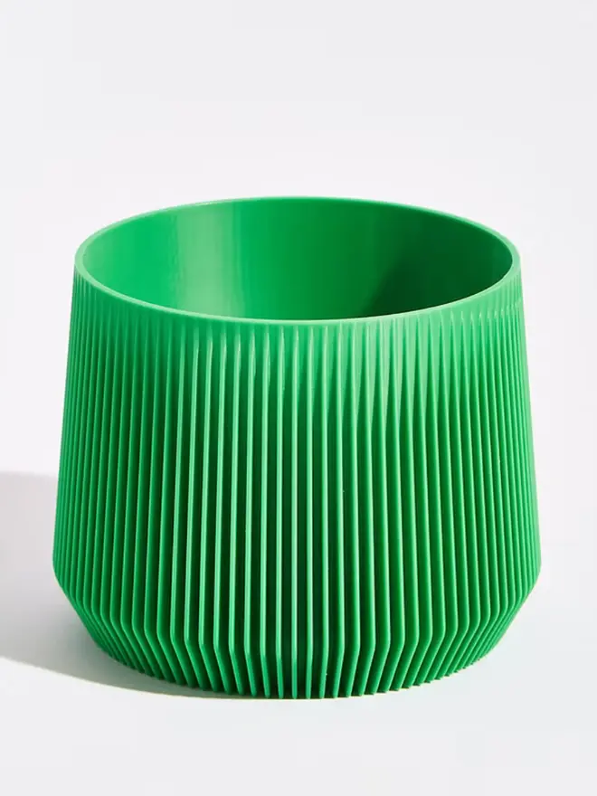 Sustainable 3D Printed Bamboo Green Plant Pot, pillar design, against a white background.