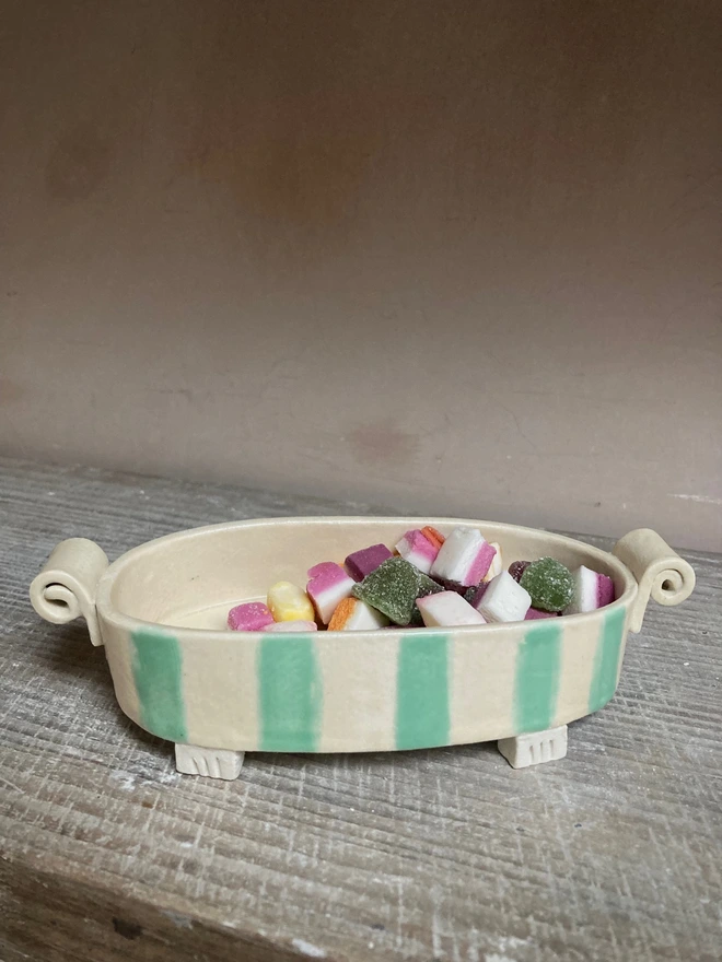 green striped porcelain treat dish