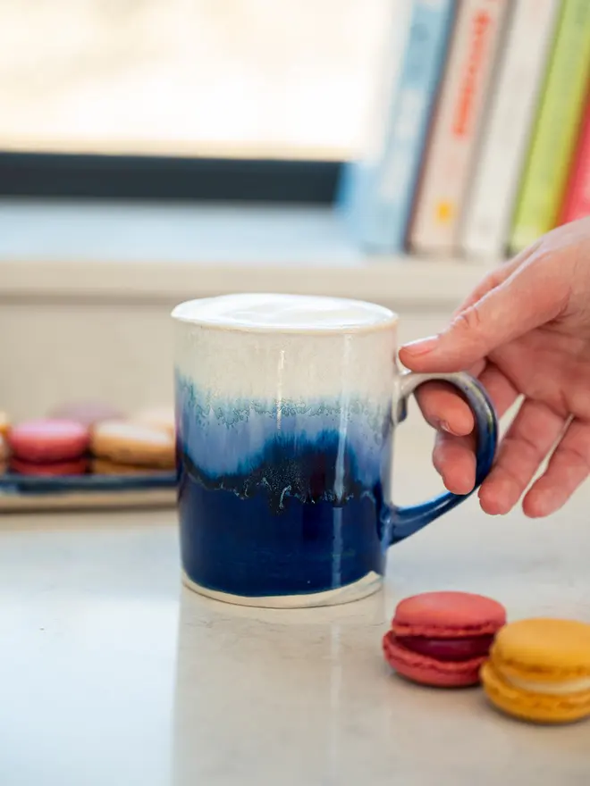lulworth cove ceramic glazed mug, jenny hopps pottery, blue and white ceramic mug