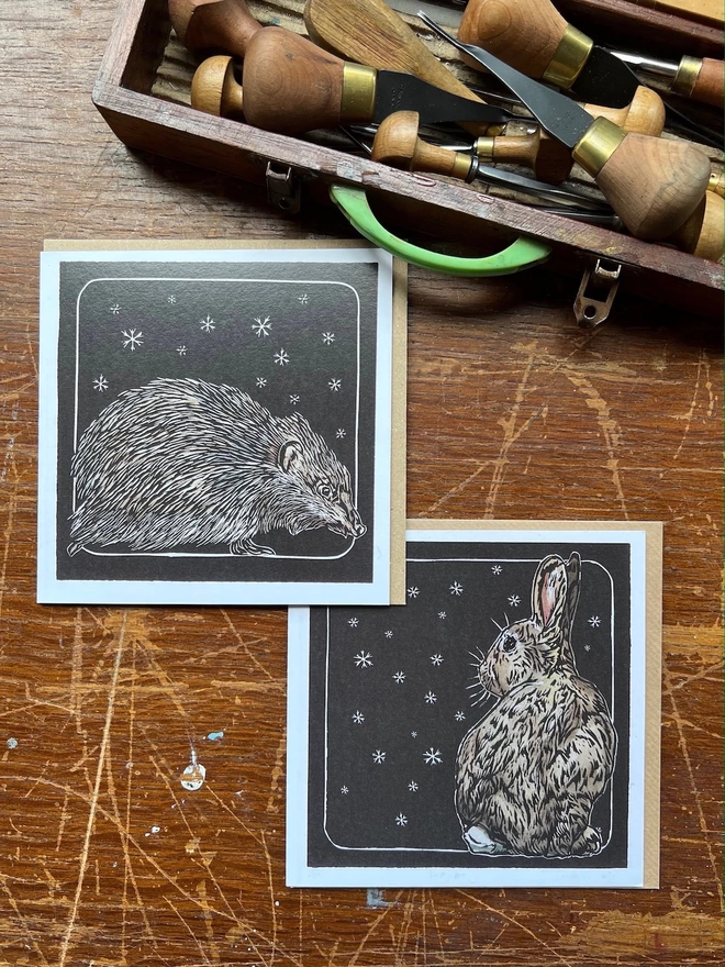hedgehog and rabbit snowflake cards