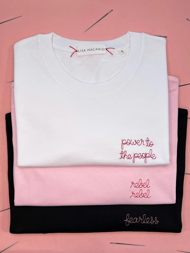 power to the people, rebel rebel, fearless embroidered t-shirts