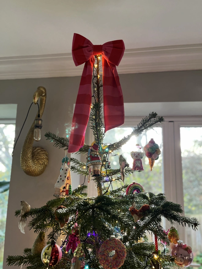 mini velvet pink and red stripe bow