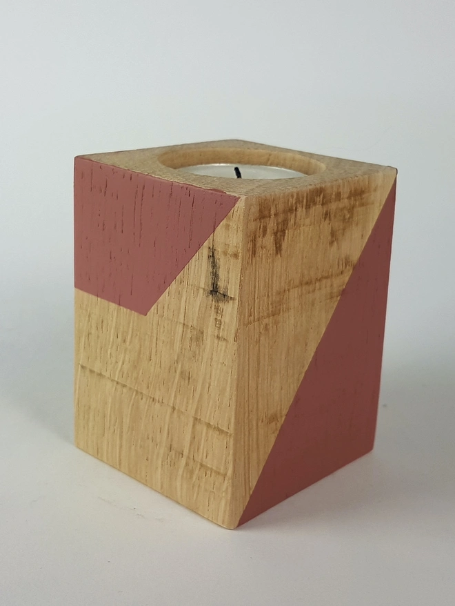 Rose pink painted wooden tealight holder