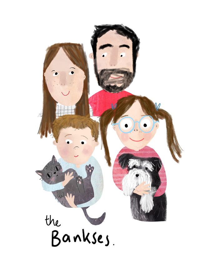 custom illustrated family portrait. portrait of parents and children holding a dog and cat respectively.