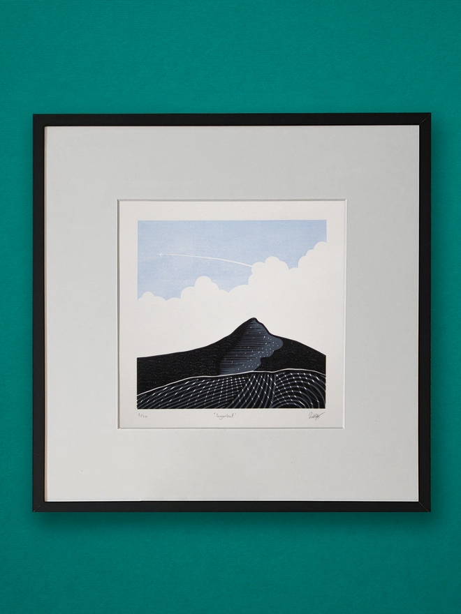 Linocut print of Sugarloaf mountain handmade art