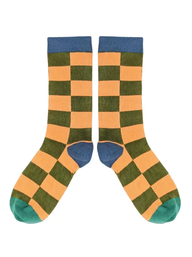 Women's Battenburg Organic Cotten Ankle Socks, a pair of patterned colourful socks sitting on a plain white surface. 