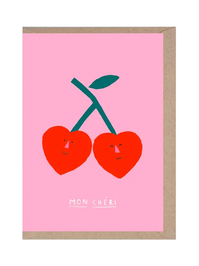 illustrated cherry heart pink greeting card