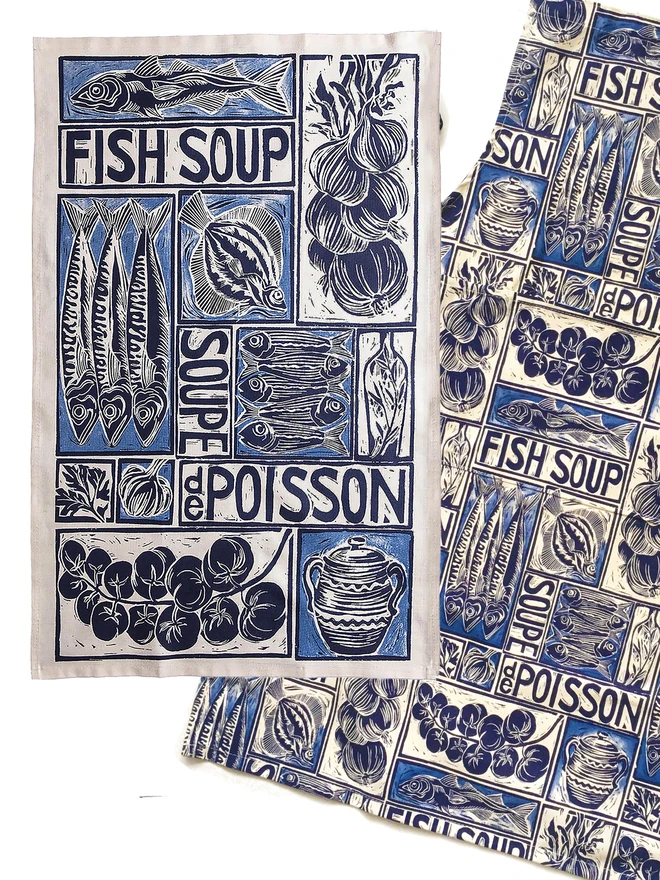 Fish Soup linocut recipe tea towel and apron