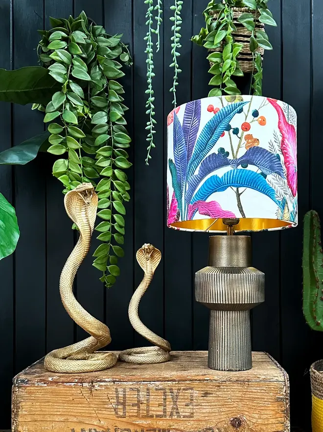 Ice Jungle velvet lampshade with pink and blue tropical leaves and gold lining