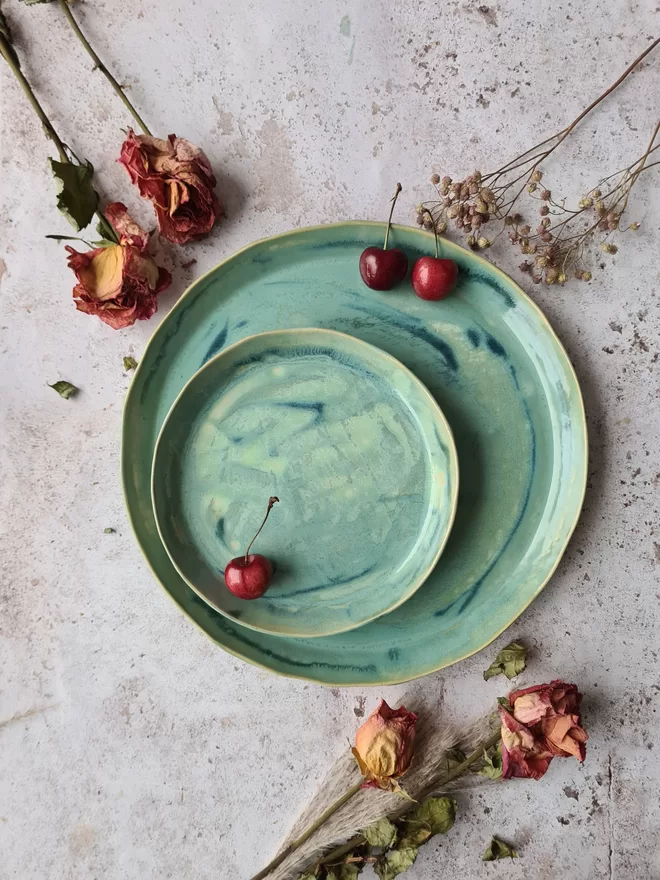 Aqua plates, ceramic plate, green,  blue, pottery plates, Jenny Hopps Pottery