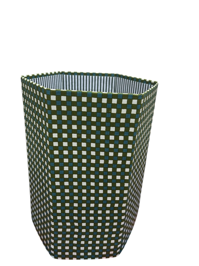 Beautiful Green and Blue Checkered Hand block Printed waste paper bins foldable & come flat packed, handcrafted from 100% recycled cardboard by The Charpoy on a white back ground