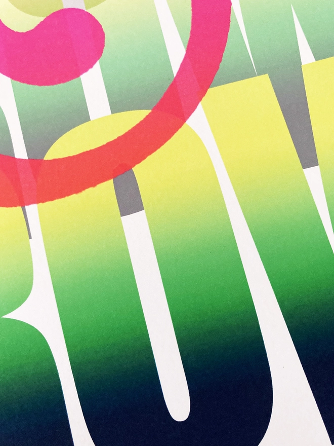 Detail from a multicoloured typographic print of “Bloom & Grow”
