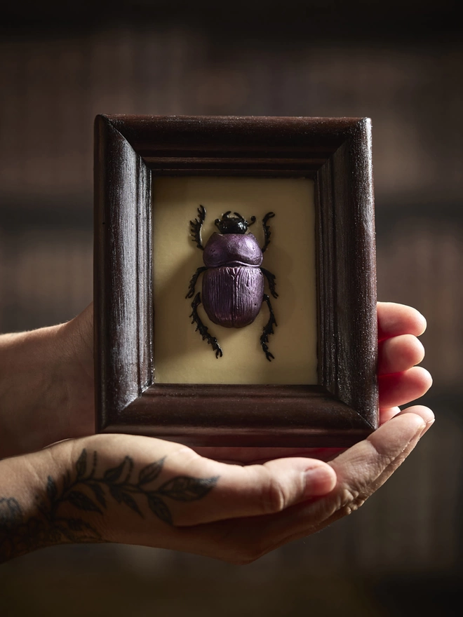 Realistic edible chocolate dung beetle in chocolate frame sitting in woman's hands