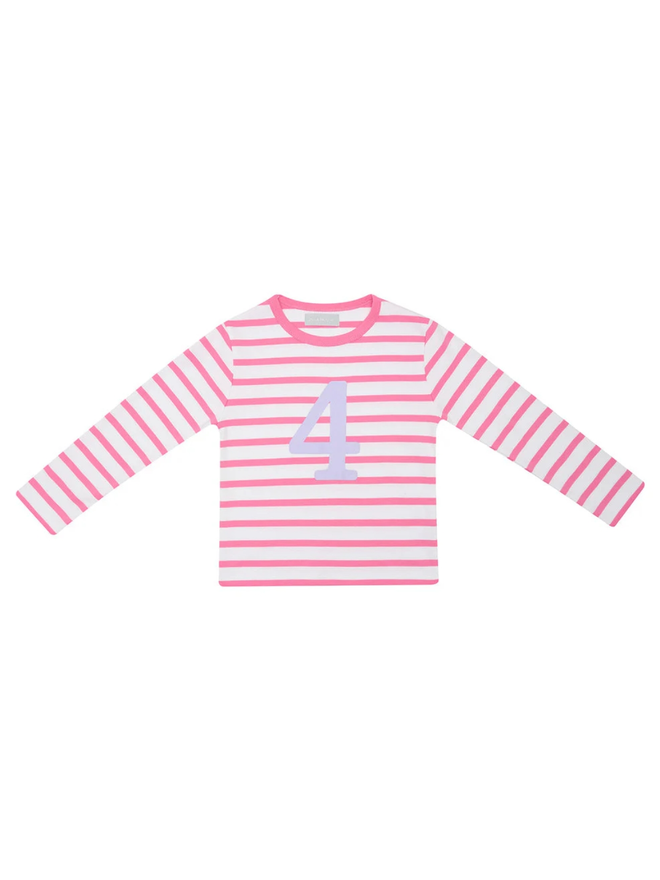 Hot Pink & White Breton Striped Number 4 T Shirt